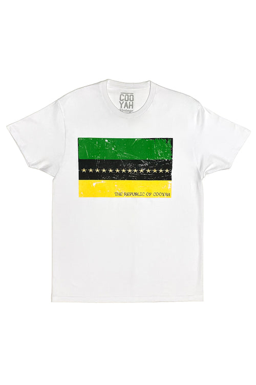 Cooyah - 14 Star Republic Jamaica graphic tee in white. Screen printed in Jamaican colors on soft, 100% ringspun cotton fabric.