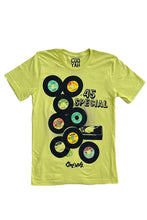 Load image into Gallery viewer, Cooyah Jamaica. Men &#39;s short sleeve graphic tee with 45 RPM Vinyl records screen printed on the front. Vintage reggae and rocksteady style.  Chartreuse green Shirt, short sleeve, ringspun cotton. Jamaican streetwear clothing brand. IRIE
