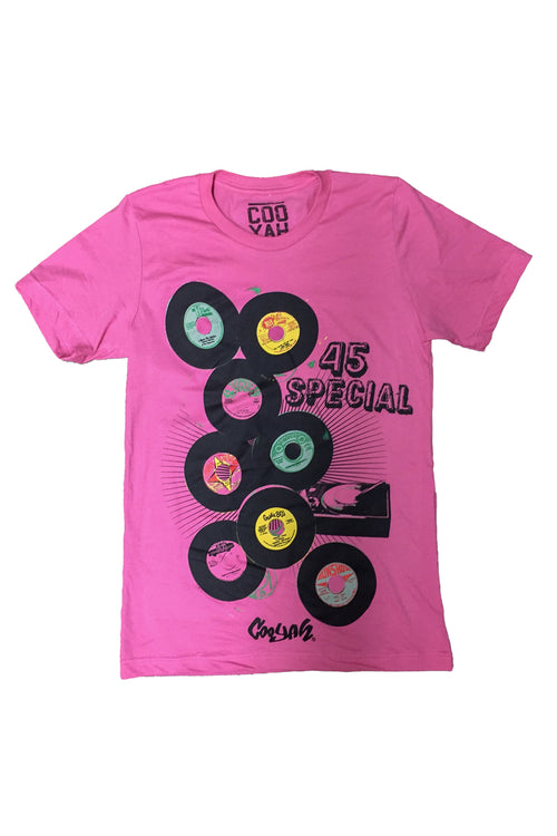 Cooyah Jamaica. Men 's short sleeve graphic tee with 45 RPM Vinyl records screen printed on the front. Vintage reggae and rocksteady style.  Pink Shirt, short sleeve, ringspun cotton. Jamaican streetwear clothing brand. IRIE