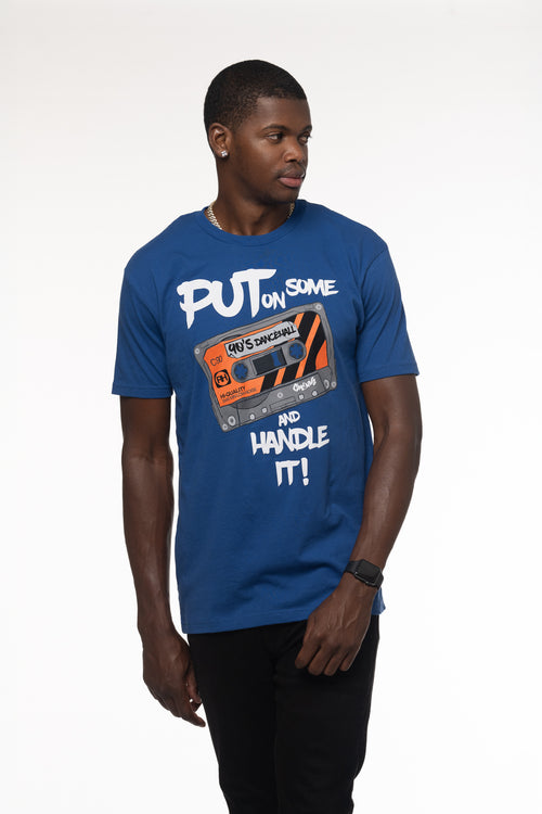 Cooyah Jamaica. Put on Some 90s Dancehall and Handle it! Men's crew neck t-shirt in blue with a retro cassette tape design. We are a Jamaican owned clothing brand established in 1987.