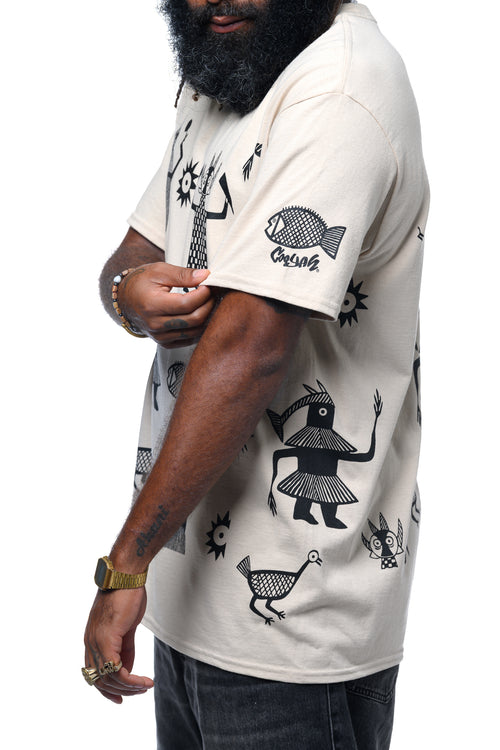 Man wearing a khaki t-shirt with black graphics on a white background.  Original Cooyah Clothing  hand-drawn design.