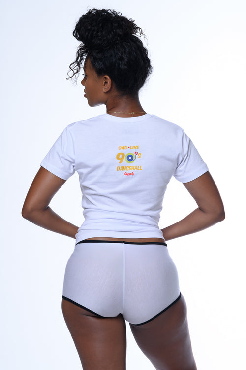 Women's Bad Like 90's Dancehall graphic tee.  Soft 100% ringspun cotton.  Cooyah Jamaican clothing brand since 1987.