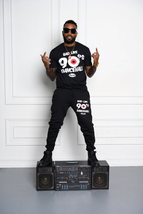 Cooyah- Men's black joggers with 'Bad Like 90s Dancehall' text and record graphic on the front.