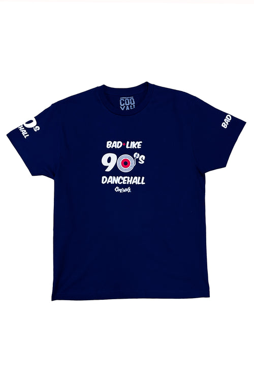 Navy Cooyah Bad Like 90s Dancehall graphic t-shirt with bold front print, reggae streetwear style.