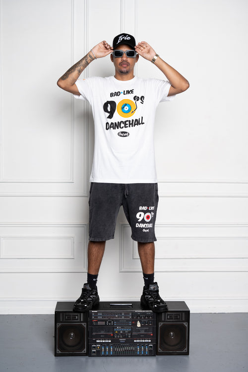 Cooyah Jamaica- Men's Bad Like 90's Dancehall Shorts.  Soft cotton with a vintage wash screen printed at Cooyah Studio.  Drawstring waist.