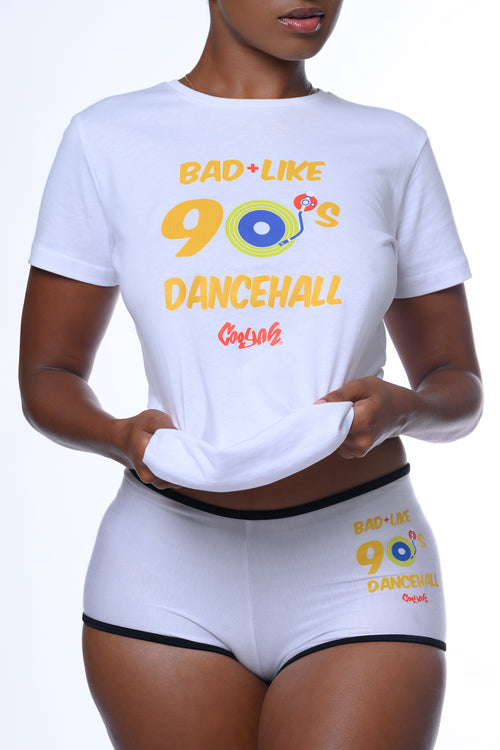 Women's Bad Like 90's Dancehall graphic tee.  Soft 100% ringspun cotton.  Cooyah Jamaican clothing brand since 1987.