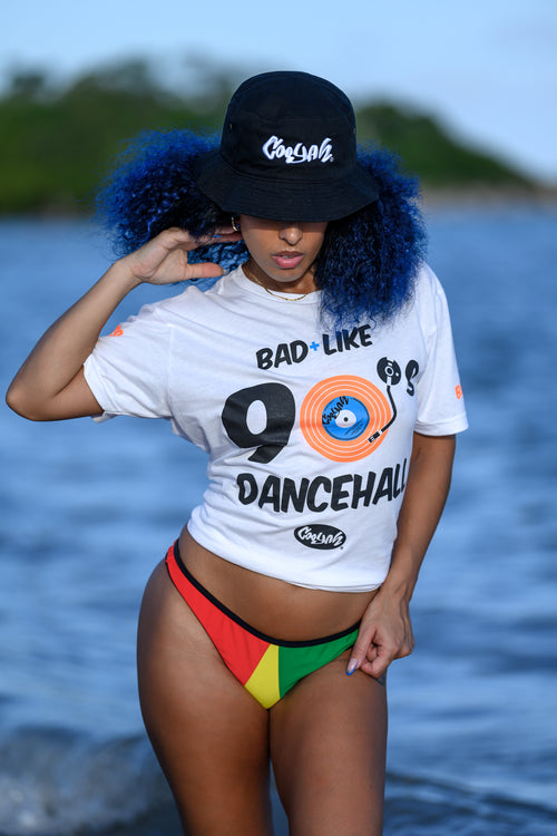 Cooyah Jamaica - women's Bad Like 90's Dancehall graphic tees. Screen printed on soft, 100% ringspun fabric. We are a Jamiacan owned clothing brand established in 1987. One Love.