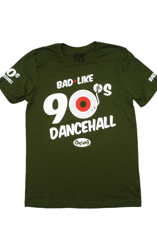 Cooyah Jamaica. Bad Like 90's Dancehall graphic tee in olive green. Soft, ringspun cotton. Jamaican clothing brand since 1987.