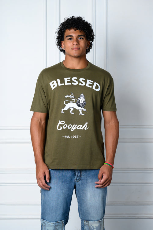 Cooyah - Men's Blessed t-shirt with Lion of Judah graphic on the front. Soft, 100% ringspun cotton fabric.