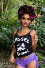 Load image into Gallery viewer, Cooyah Jamaica. Women&#39;s black racerback tank top with Blessed Rasta Lion graphic. Jamaican streetwear clothing brand since 1987. IRIE
