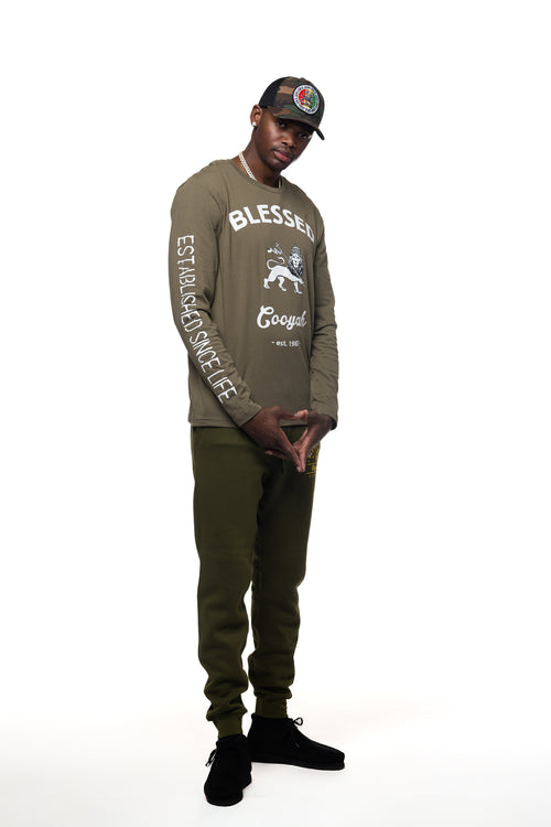 Cooyah Jamaica - Men's Blessed long sleeve t-shirt with Lion of Judah graphic in olive green.