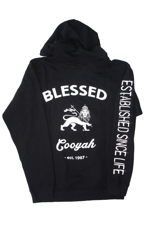 Cooyah Jamaica.  Women's black hoodie with Blessed Rasta Lion graphic.  Jamaican rootswear clothing brand.