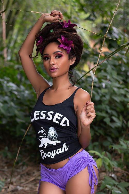 Cooyah Jamaica. Women's black racerback tank top with Blessed Rasta Lion graphic. Jamaican streetwear clothing brand since 1987. IRIE