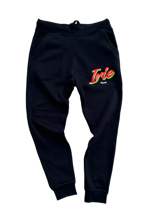 Cooyah Jamaica.  Men's Irie Rasta Joggers screen printed in reggae colors. Jamaican streetwear culture.
