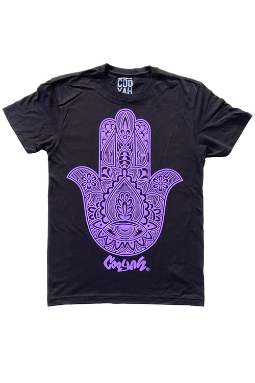 COOYAH JAMAICA - MEN'S HAMSA GRAPHIC TEES.  SHORT SLEEVE, CREW NECK, SCREEN PRINTED ON SOFT RINGSPUN COTTON.  BLACK SHIRT WITH PURPLE HAMSA DESIGN.