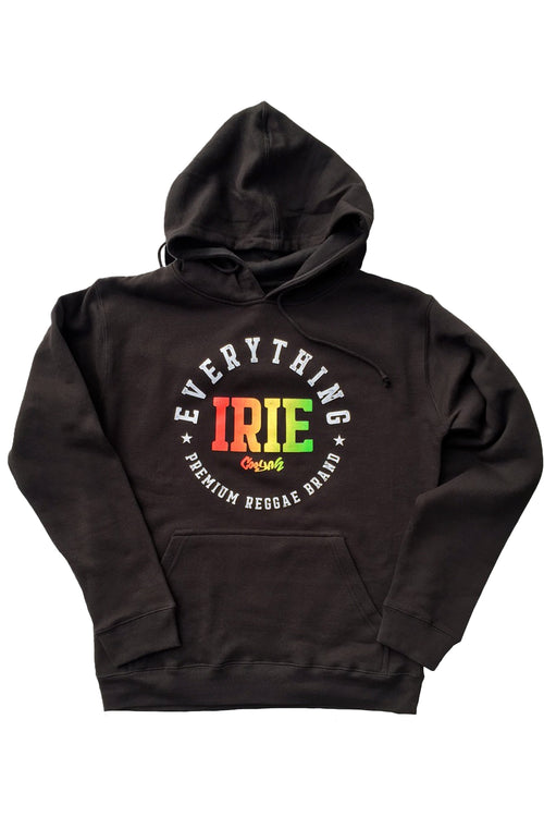 Cooyah Jamaica. Everything Irie Men's pullover black hoodie. Screen printed in rasta colors. Jamaican streetwear clothing.