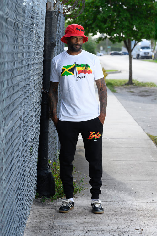 Cooyah men's Irie Rasta Joggers screen printed in reggae colors.  As a Jamaican owned clothing brand since 1987, we take pride in bringing you this classic piece. Don't wait, get yours now!