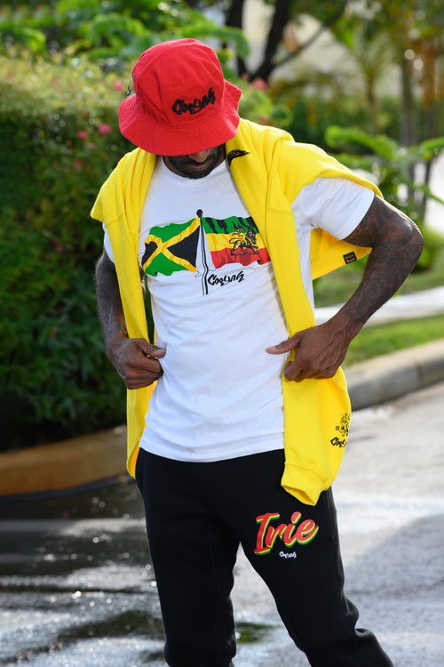Cooyah Jamaica. Men's Irie Rasta Joggers screen printed in reggae colors. Jamaican streetwear culture.