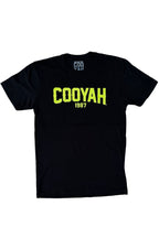 Cooyah Jamaica.   Men's crew neck, short sleeve tee with neon yellow graphic.  Jamaican streetwear clothing.