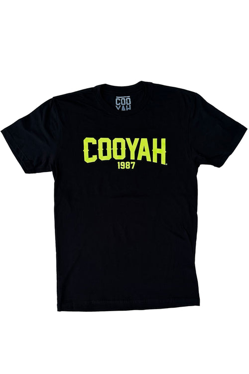 Cooyah Jamaica.   Men's crew neck, short sleeve tee with neon yellow graphic.  Jamaican streetwear clothing.