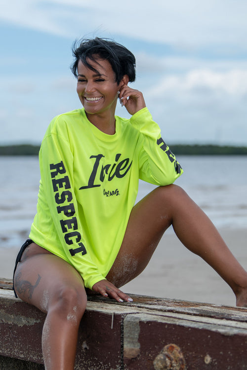 Cooyah Jamaica Irie Yard Long Sleeve UPF 50+ Dri-Fit women's Sun Shirt. Neon yellow. Jamaican beachwear clothing.