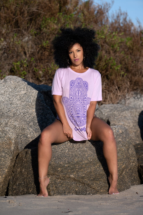Cooyah Clothing Hamsa lilac short sleeve graphic tee with purple print
