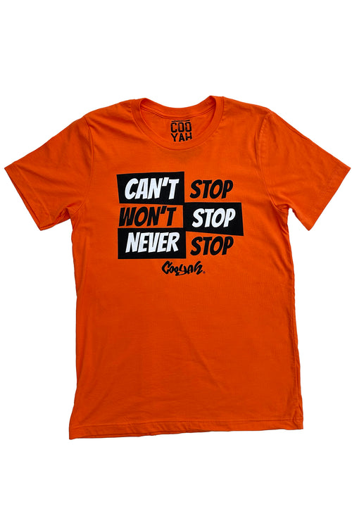 Cooyah Jamaica.  Men's Can't Stop, Won't Stop, Never Stop graphic tee in orange.  We are a Jamaican clothing brand established in 1987.