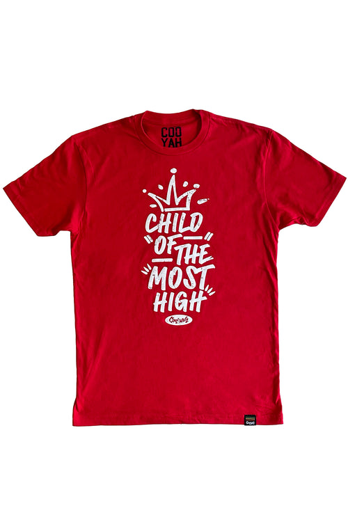 Cooyah Clothing.  Men's Child of the Most High Graphic Tee in red.  We are a Jamaican owned clothing brand since 1987.