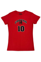 Red women's t-shirt with 'COOYAH' and number '10' design with Lion of Judah on a white background.