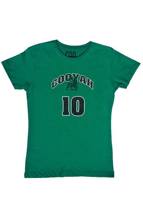 Green Cooyah 10 women’s graphic tee featuring bold vintage lion print and arched Cooyah logo — Jamaican-inspired streetwear t-shirt.