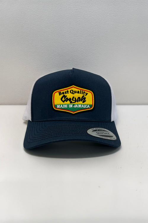 Cooyah - Best Quality Made in Jamaica trucker hat in navy blue with white.