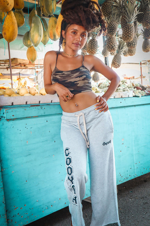 Women's gray lounge pants with Cooyah logo on the side complete with drawstring waist.