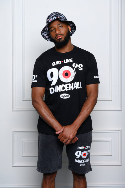 Cooyah Jamaica- Men's Bad Like 90's Dancehall Shorts and bucket hat.  Soft cotton with a vintage wash screen printed at Cooyah Studio.  Drawstring waist.