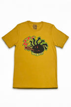 Yellow t-shirt with a colorful vintage Cooyah graphic 90's design, rasta dreads cartoon caracter smoking a blunt with reggae colors print.