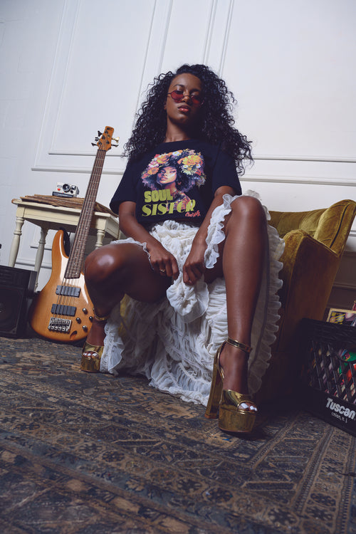 Cooyah - Women's Soul Sister Crop Top.  Afro with flowers 70's  retro style shirt on soft 100% ringspun cotton fabric.