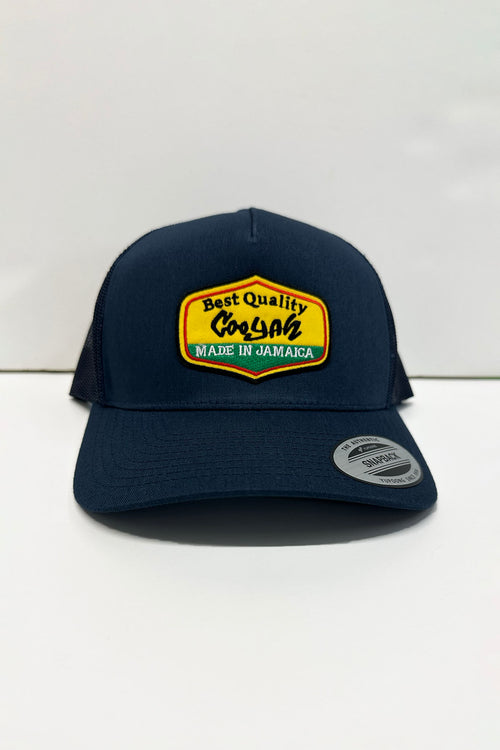 Cooyah - Trucker Hat with text, Best Quality Made in Jamaica on the front in navy blue.