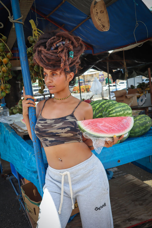 Women's gray lounge pants with Cooyah logo on the side complete with drawstring waist.