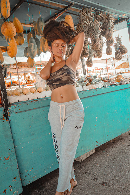 Women's gray lounge pants with Cooyah logo on the side complete with drawstring waist.