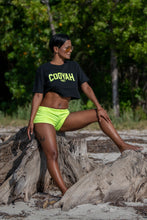 Load image into Gallery viewer, Cooyah Jamaica women&#39;s crop top. Black tee with neon yellow print on soft, ringspun cotton.
