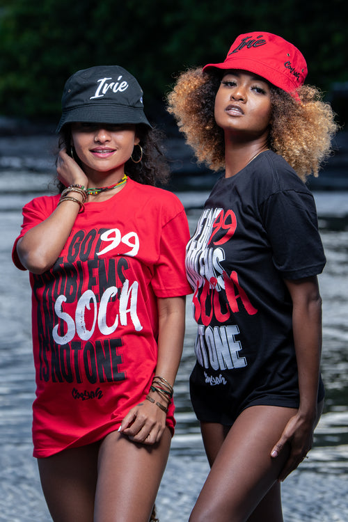 Cooyah Jamaica. I've Got 99 Problems and Soca is Not One. Women's Ringspun cotton, short sleeve graphic tees in red and black Trinidad and Tobago colors. Jamaican clothing brand.