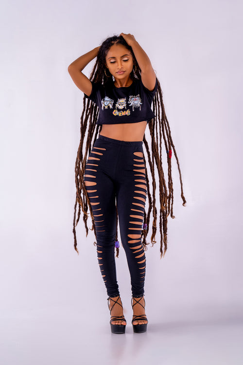 Cooyah.  Women's African Mask Crop Top in black.  Soft, 100% ringspun cotton.