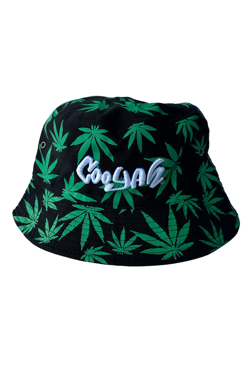 Cooyah Jamaica.  Cannabis bucket hat.  Black with green weed leaves.  IRIE