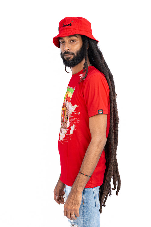 Cooyah Jamaica, Haile Selassie men's red  short sleeve graphic tee with Ethiopian Flag graphic. Jamaican streetwear clothing. Rasta