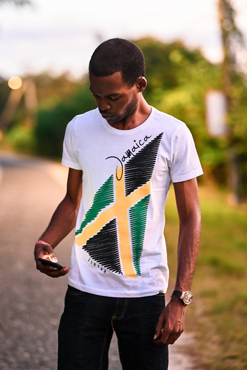 Cooyah Clothing. Men's Kingston Jamaica graphic tee. Jamaican flag pennant design on soft, rinspun cotton. IRIE