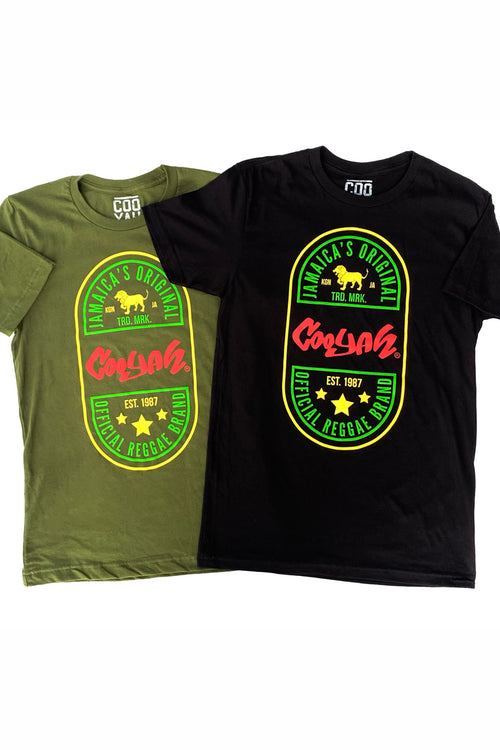 Cooyah Jamaica, short sleeve, crew neck t-shirt with Rasta Ethiopia graphic. Ringspun cotton tee. Olive green and black with reggae color screen print.