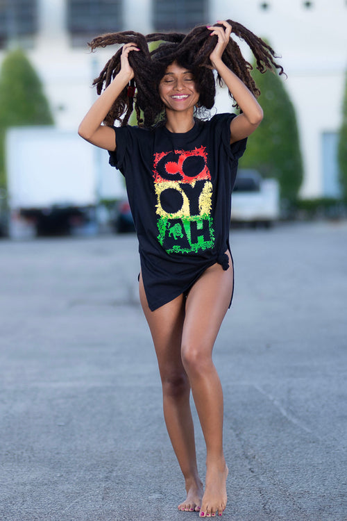 Cooyah Clothing women's graphic Tee Shirt, Ring Spun, Crew Neck in reggae colors. Jamaican clothing brand.