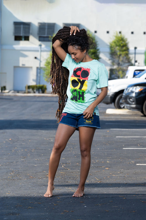 Cooyah Clothing women's graphic Tee Shirt, Ring Spun, Crew Neck in reggae colors. Jamaican clothing brand.