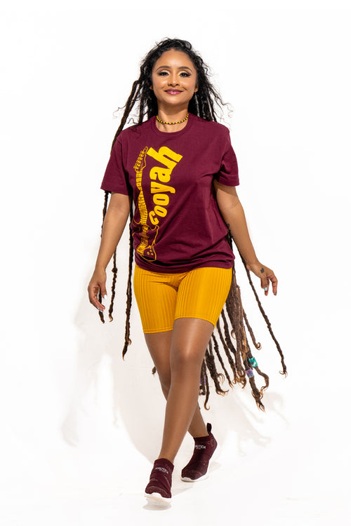 COOYAH Jamaica. Women's relaxed fit Guitar tee in burgundy. Jamaican reggae clothing brand since 1987. IRIE