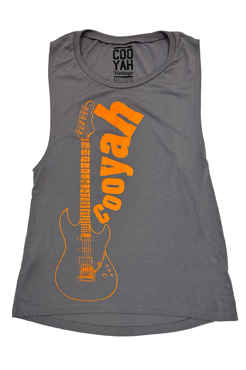 Cooyah Jamaica.  Women's gray tank top with electric guitar reggae graphic.  As a Jamaican owned clothing brand since 1987, we take pride in bringing you this classic piece.