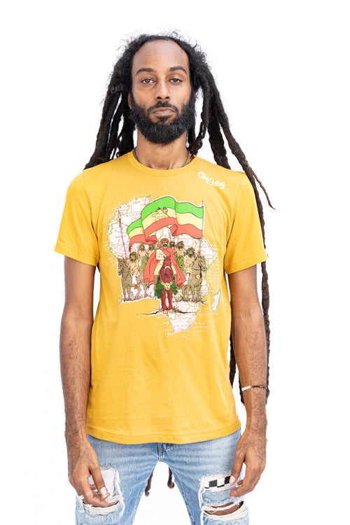 Cooyah Jamaica, Vintage men's short sleeve graphic tee with Haile Selassie graphic and Ethiopian Flag design. Jamaican streetwear clothing. Rasta